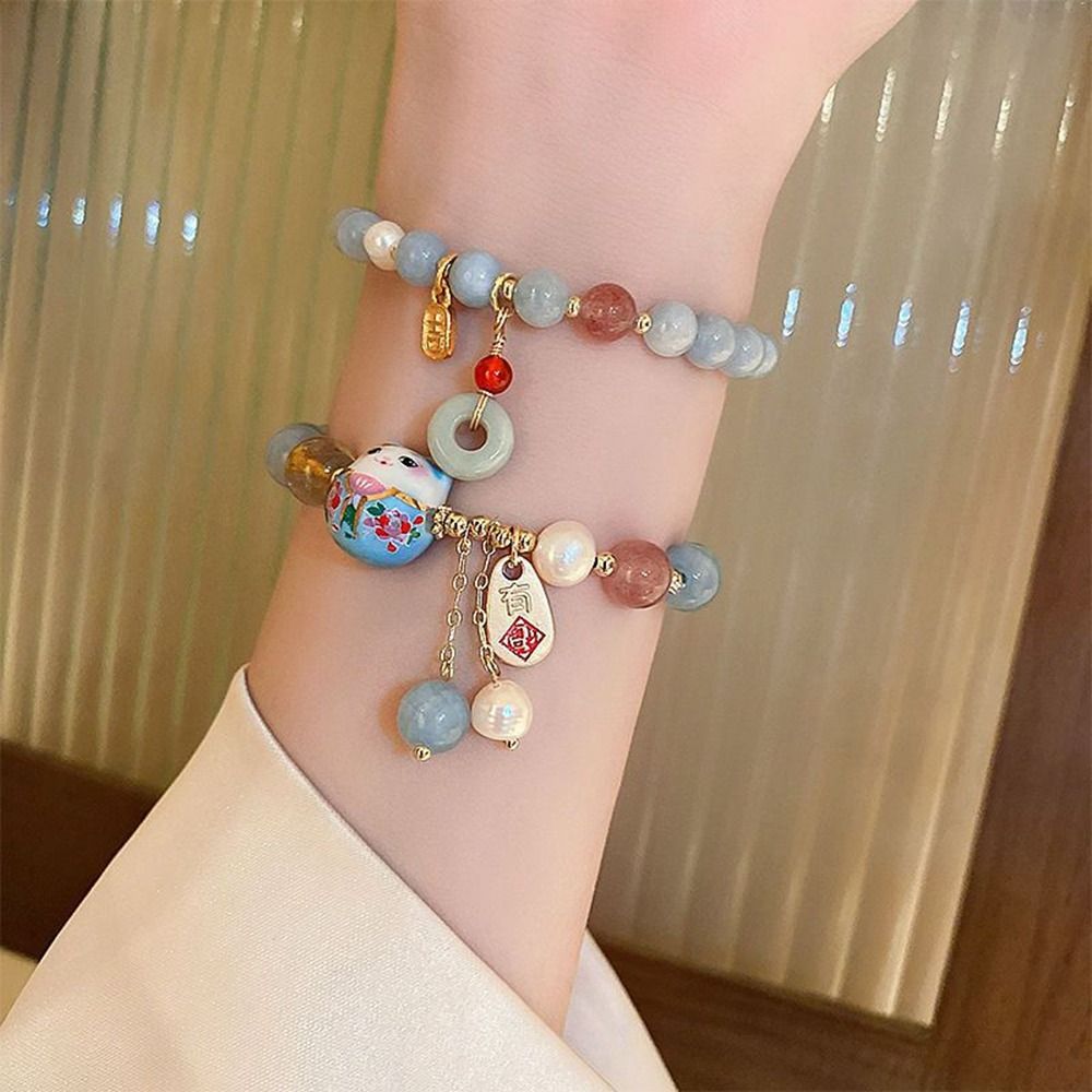 Jewelry Gift Simple Cute Blue Cat Pendant Maneki Neko Fortune Cat Bead Bracelets Bracelets Female Hand Chain Bracelets