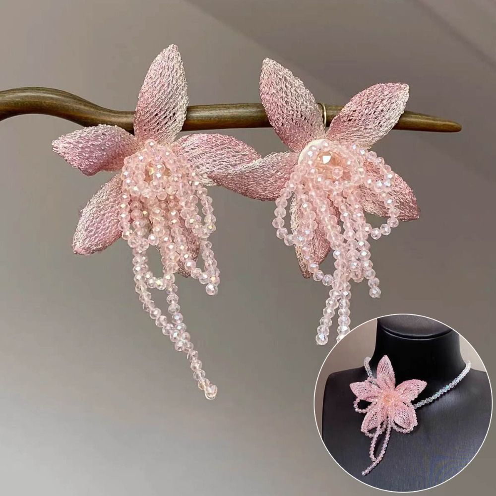 Elegant Pink Flower Necklace Flower Beaded Chain Choker Necklace Y2K Crystal Pearl Beaded Choker Party Jewelry