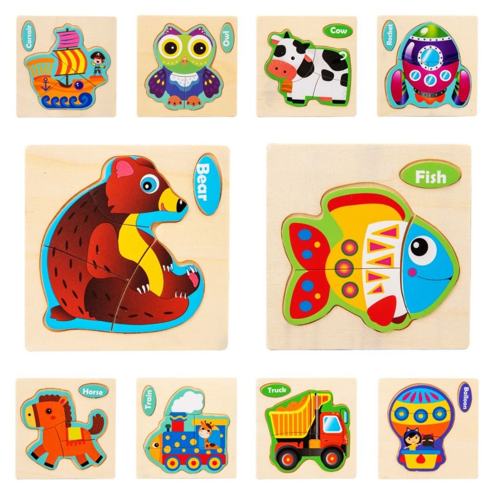Cute Wood 3D Animal Jigsaw Animal Traffic Jigsaw Toys 3D Wooden Puzzle Learning Cognition Intelligence Game Puzzle Preschool Learning Toys