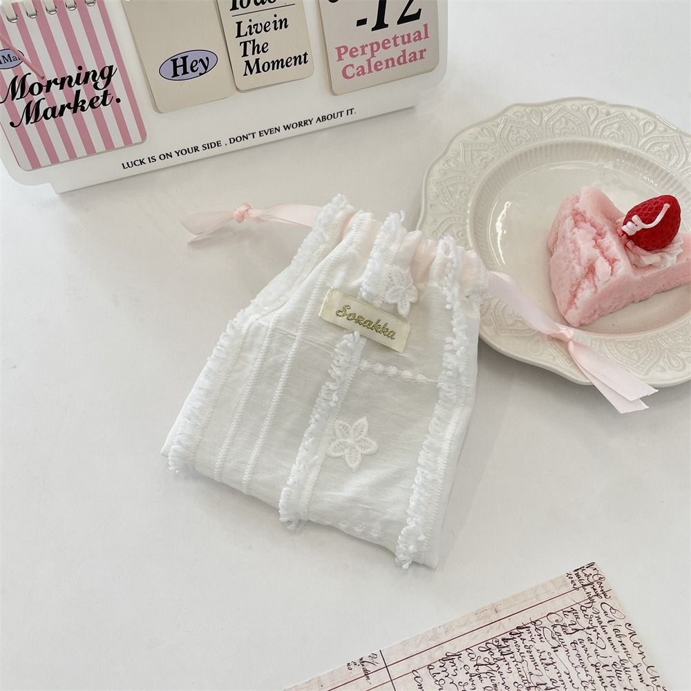 Cute Solid Color Lace Drawstring Storage Bag Sundries Storage Portable Cosmetic Bag Large Capacity Small Cloth Bag Makeup Bag Travel