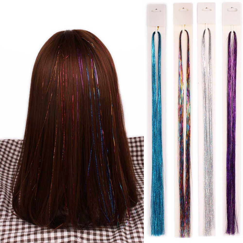 High quality Colorful Synthetic Party Headdress Hair Accessories Hair Women False Sparkle Shiny Hair Tinsel Braiding Headdress Long Straight Sparkly Ponytail Rainbow Silk Hair