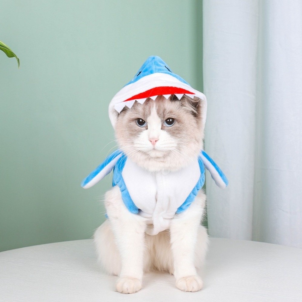 Super Light Fleece Pet Shark Cosplay Costume Warm Comfortable Animal Dress Up Outfits Cute Style Thicken Cat Fleece Hoodie Halloween Costume