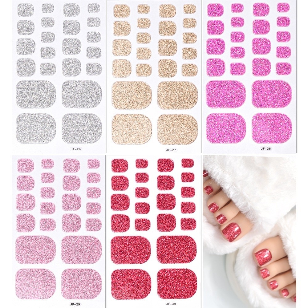 22tips/Sheet Easy Peel & Apply Gradient Glitter Toe Nail Stickers Solid Color Shimmer Finish No Bake Removable Adhesive Self Adhesive Toenail Decals Waterproof Full Cover Nail Wraps Home DIY Nail Makeover