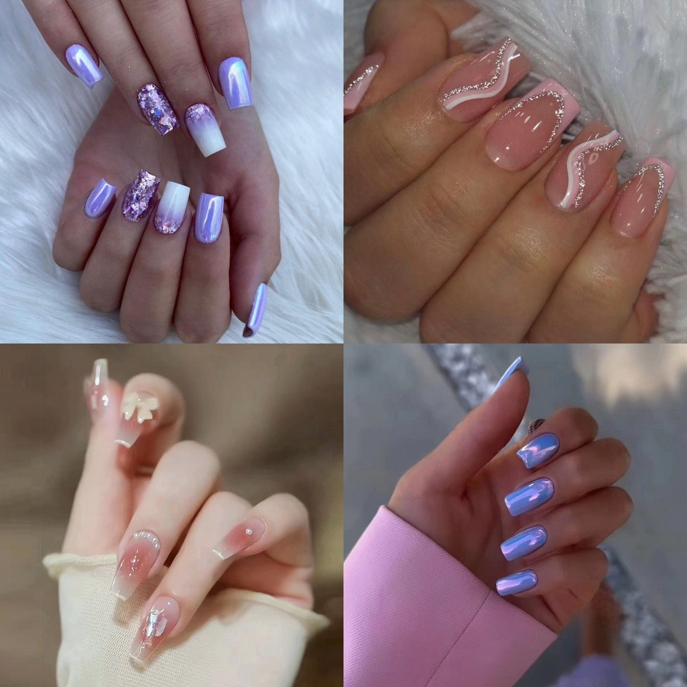 24Pcs False Nails Pattern Flower French Nails Wearable Press on Nails Artificial Nails Box Packing