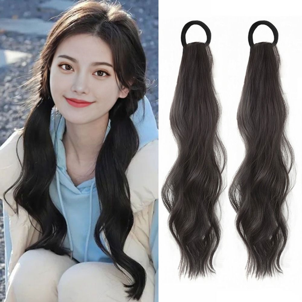 Sweet High quality Brown Women Natural Girls Wavy Synthetic Elastic Cosplay Lolita Wig Heat Resistant Fiber Ponytail Wig Long Curly Ponytail