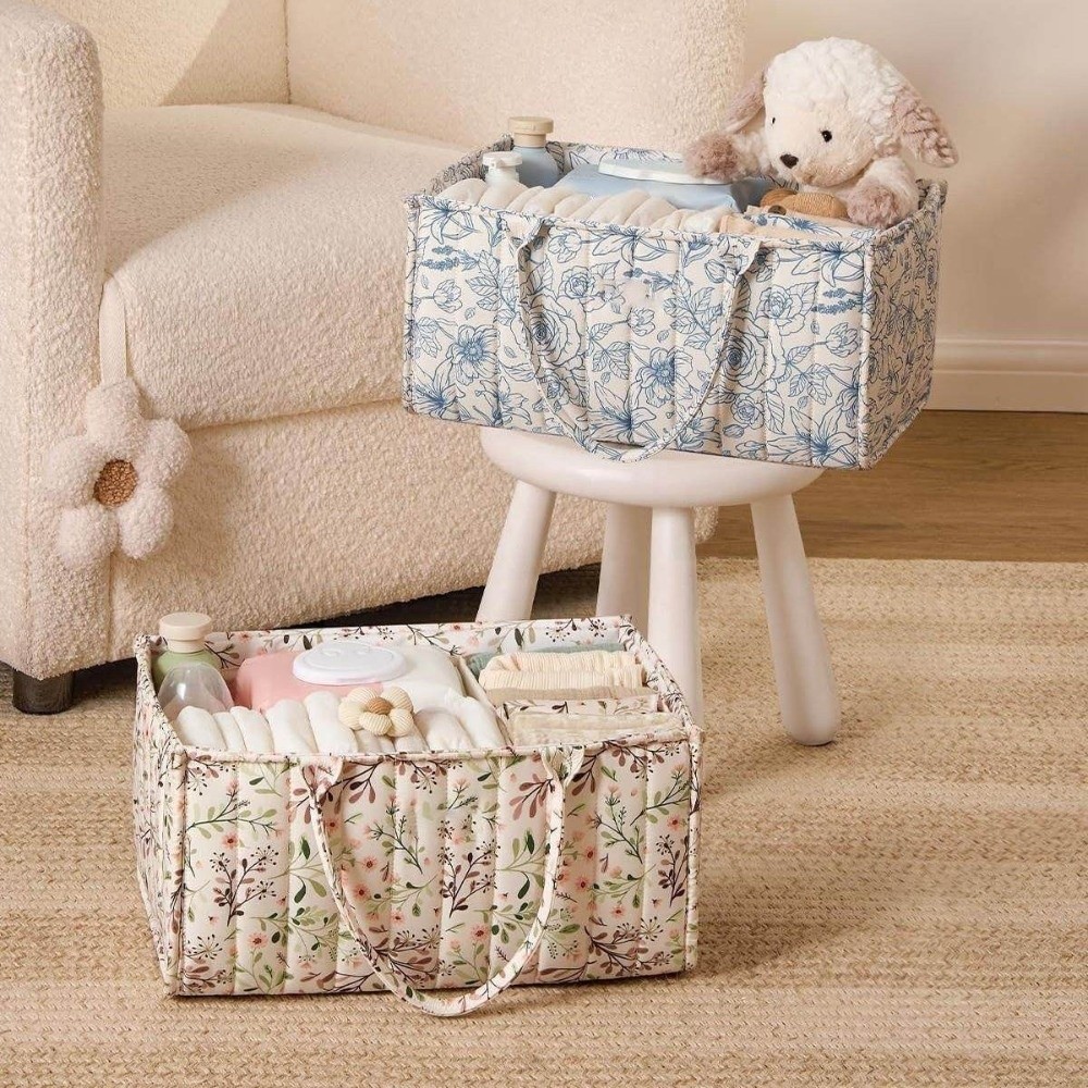 Stylish Design Large Capacity Baby Diaper Organizer Floral Beige Multifunctional Nursery Storage Basket Portable Multi-Pocket Foldable Mommy Bag Baby Shower Gift