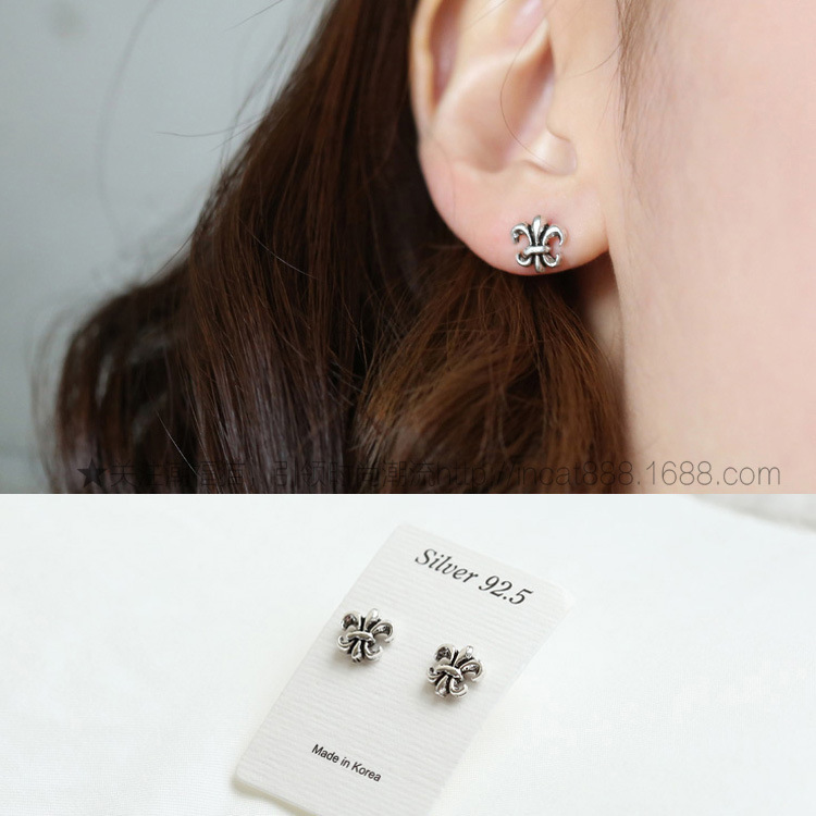 【Top Picks】Korean version of s925 jewelry star with Korean version of silver vintage men's and women's small boat anchor lily earrings