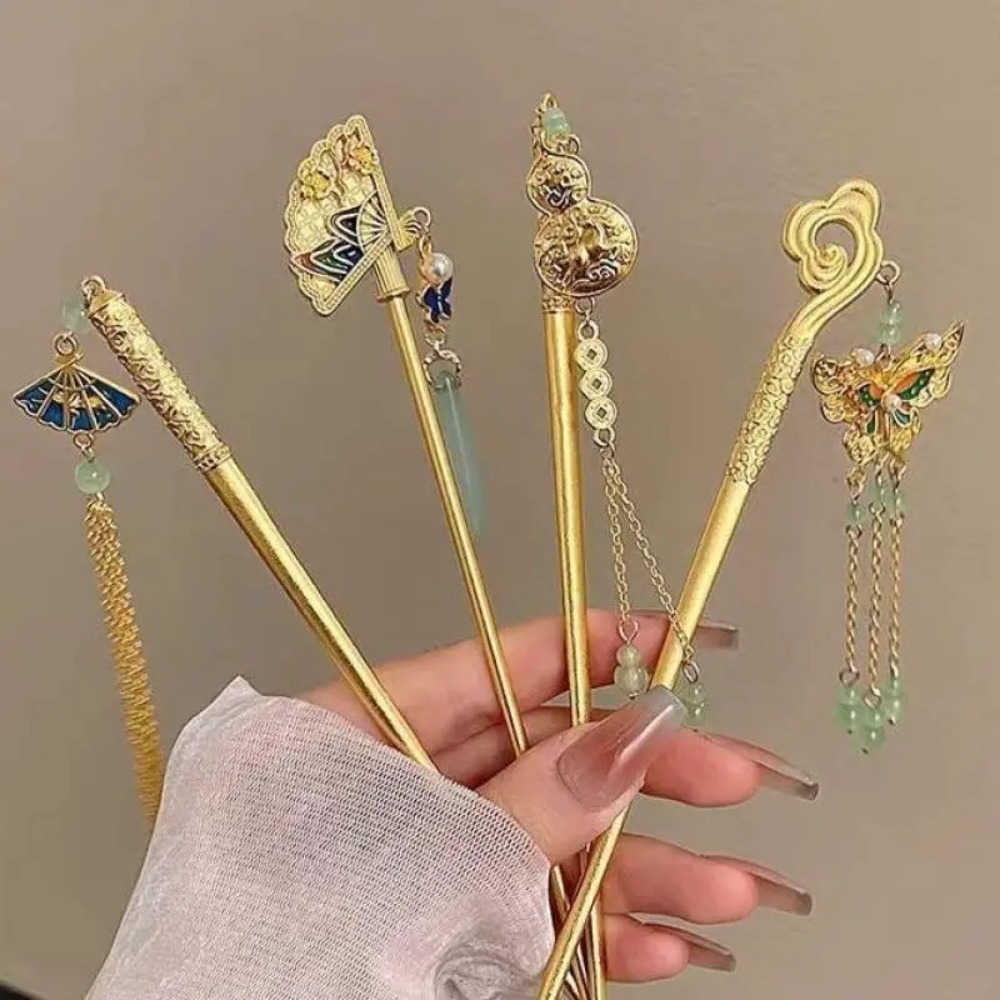 Retro Fan Tassels Hair Stick Pendant Gourd Chinese Style Hairpin Cheongsam Hair Chopstick Ancient Style Hanfu Headwear Jewelry