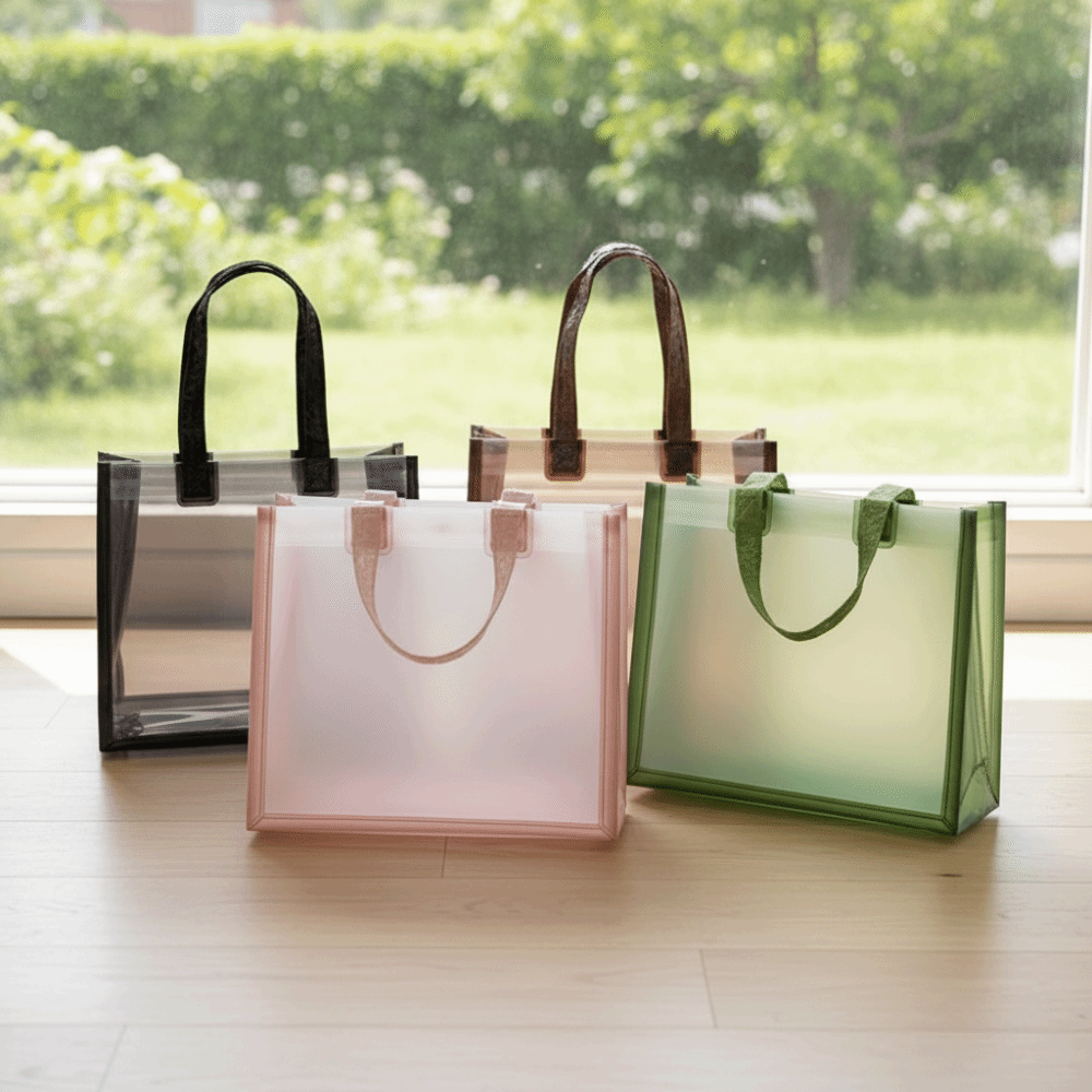 Eco-Friendly Thick Water-Sprinkling Festival PVC Tote Durable Plastic Transparent Handbags PVC Waterproof Reusable Bags Daily Use