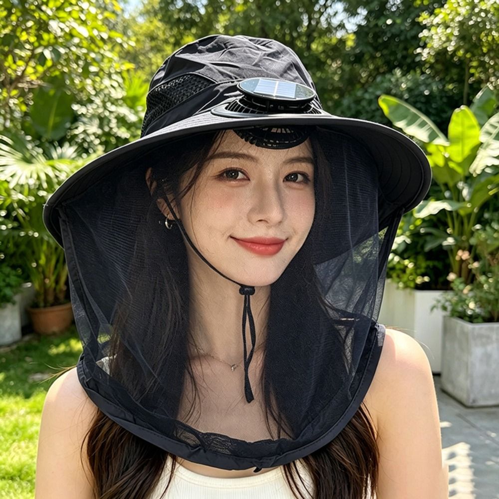 Portable With Net Mesh Mosquito Head Net Hat UV Protection Foldable Solar Fan Hat Adjustable 3 Speeds Wide Brim Sun Cap Summer