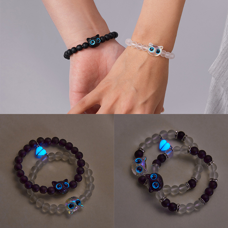 2Pcs Luminous Big Eye Magnetic Attraction Cat Bracelets Pendant Beaded Hand Chain Friendship Couple Bracelet Jewelry Gifts 5a63