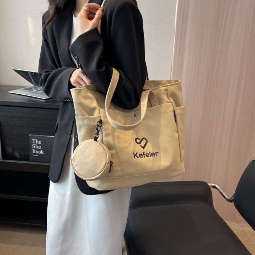 Trendy Canvas Underarm Tote Bag Large Capacity Versatile Women's Shoulder Bag with Small Wallet Casual Student Handbag Commuting