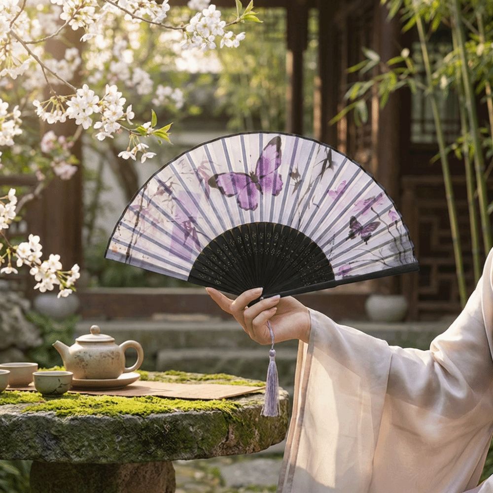 Vintage Chinese Style Silk Folding Fan Butterfly Pattern Cooling Handheld Fan with Tassel Handmade Retro Bamboo Fan Gift Giving