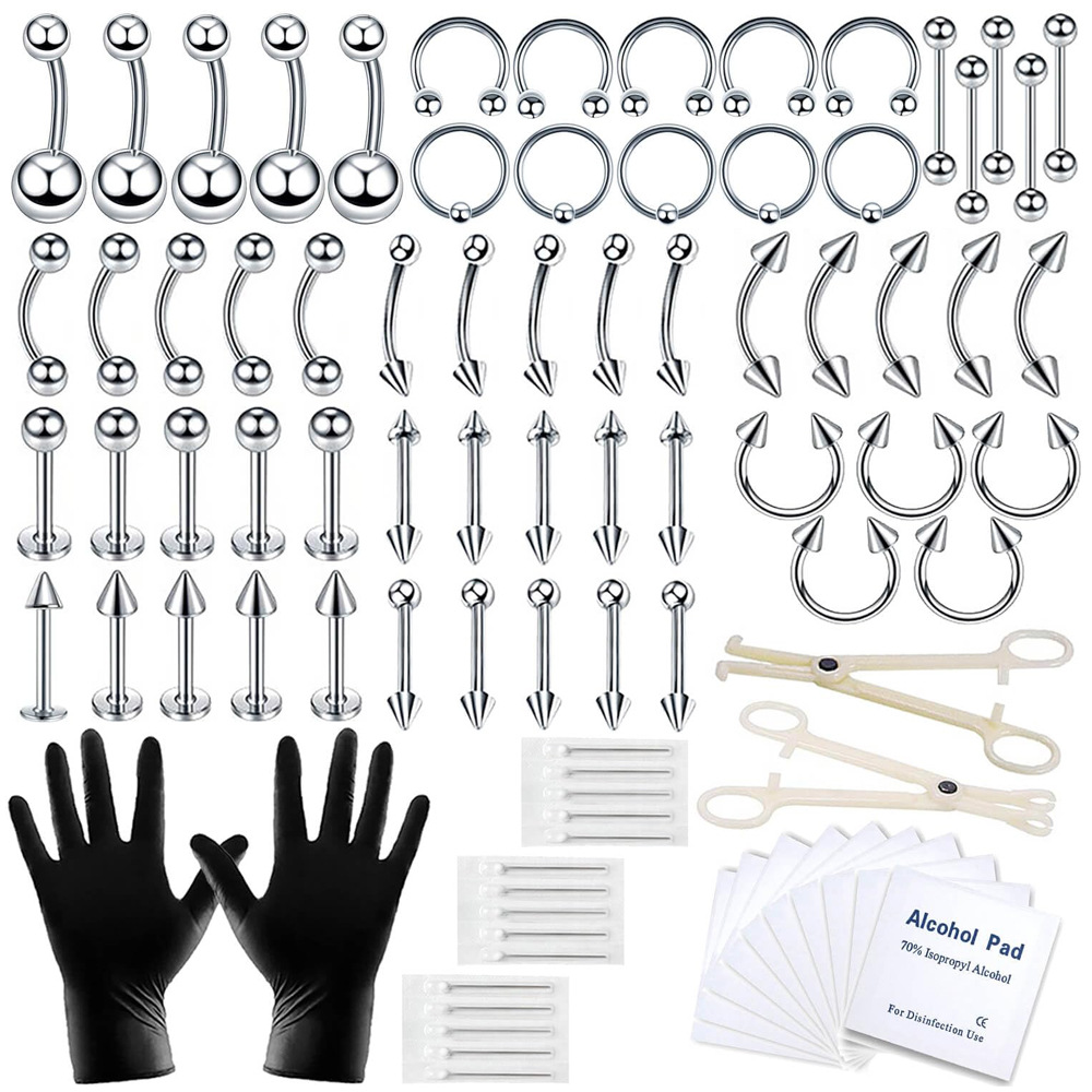 【Hottest Trends】89-piece set of stainless steel eyebrow nail lip nail nose ring horseshoe rod belly button ring puncture suit