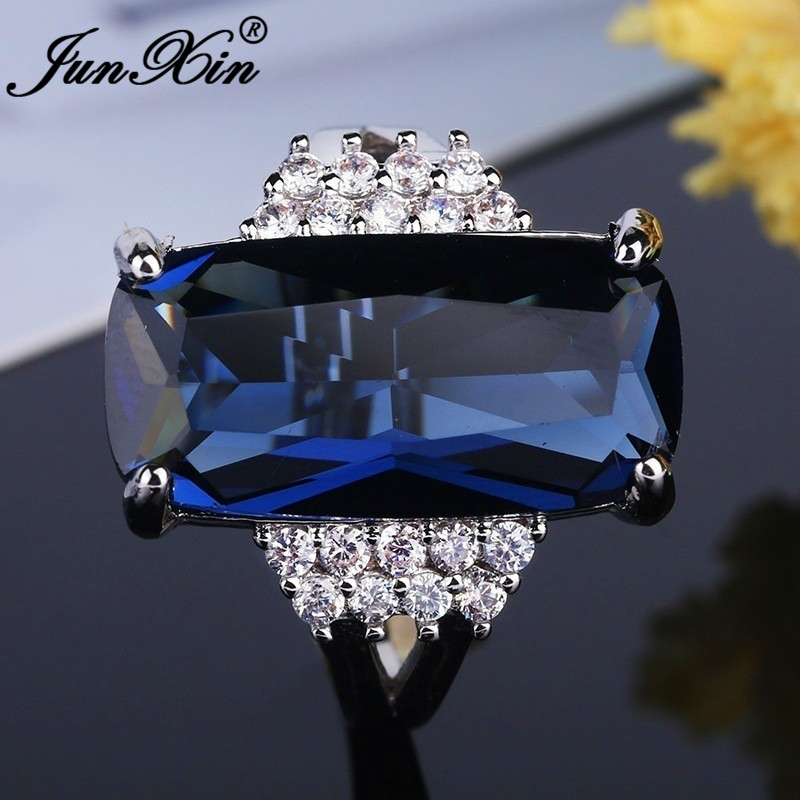 JUNXIN Female Male Rectangle Stone Rings For Wo Silver Inlay White Crystal Square Zircon Sept Birthstone Ring
