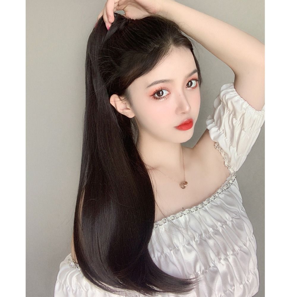 Fasion High quality All-Match Heat Resistant Fiber Wrap Around Fluffy Clip In Girls Invisible Synthetic Drawstring Straight Ponytail Long Ponytail Wig Pony Tail Hairpiece Lady's Wig