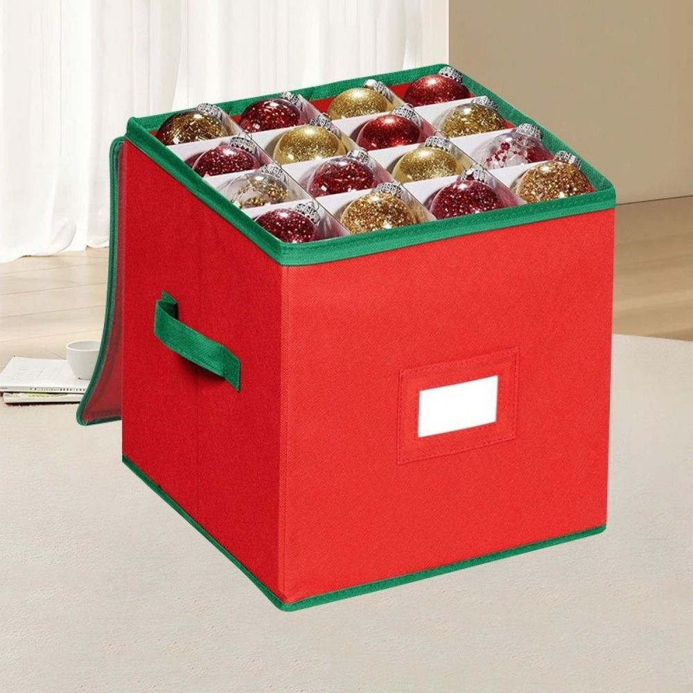 Practical 64 Grids Christmas Ball Storage Box Large Capacity Zipper Closure Ornament Storage Box with Dividers Folding Xmas Ball Storage Containers Holiday Accessories