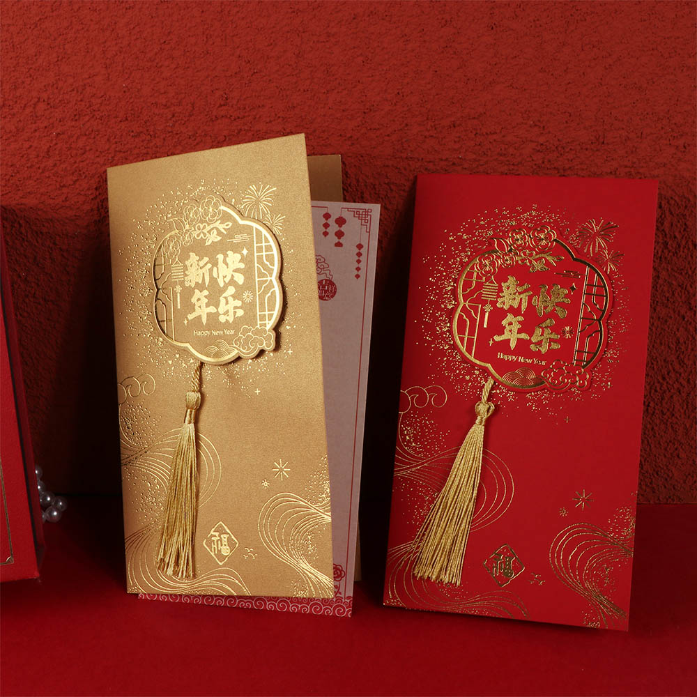 Exquisite Hot Stamping Chinese New Year Greeting Card Chinese Style Rectangular Party Invitation Cards with Tassel Holiday Cards Student