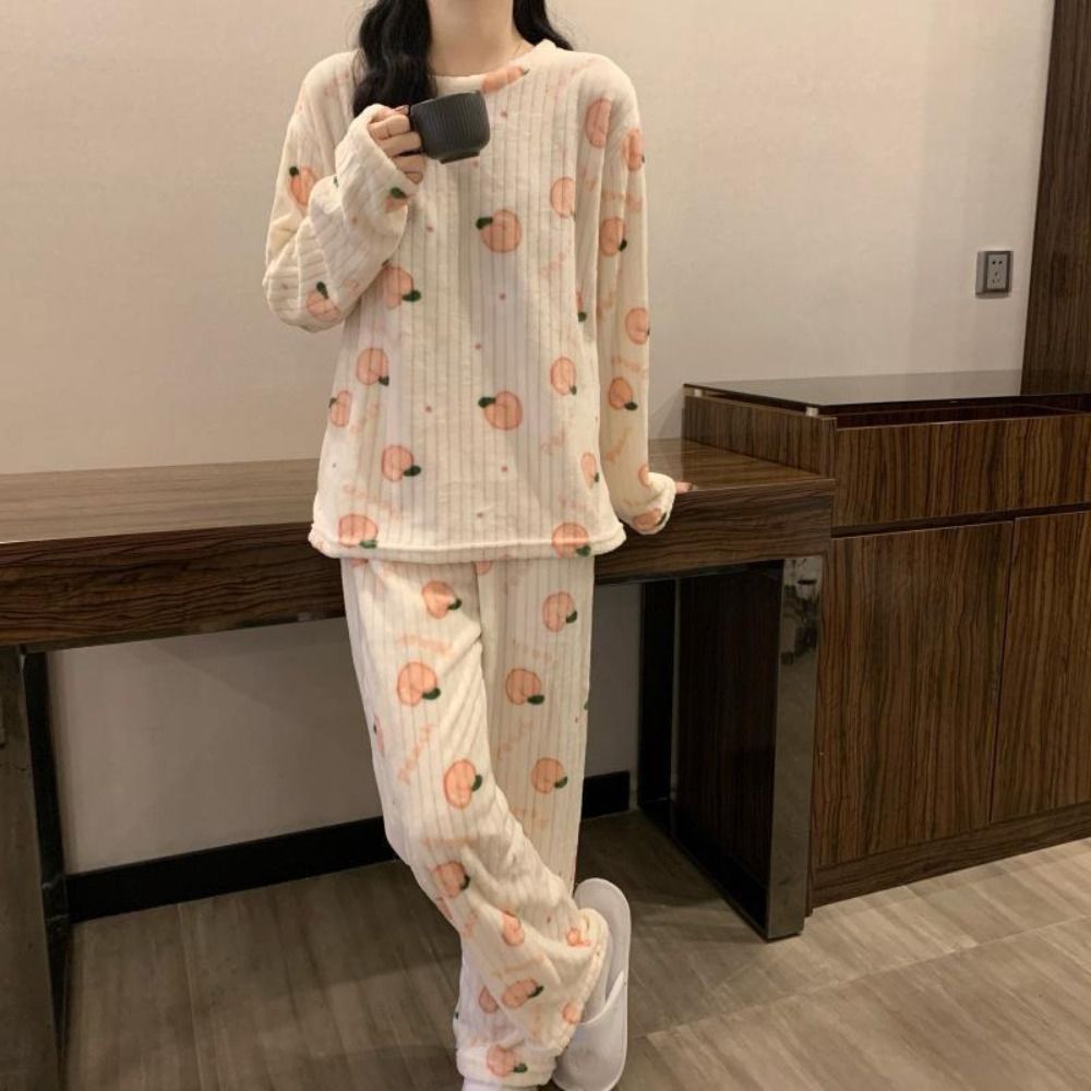 Sweet Bear Velvet Warm Sleepwear Flower Long Sleeve Cartoon Nightwear Comfortable Cute Winter Homewear Christmas