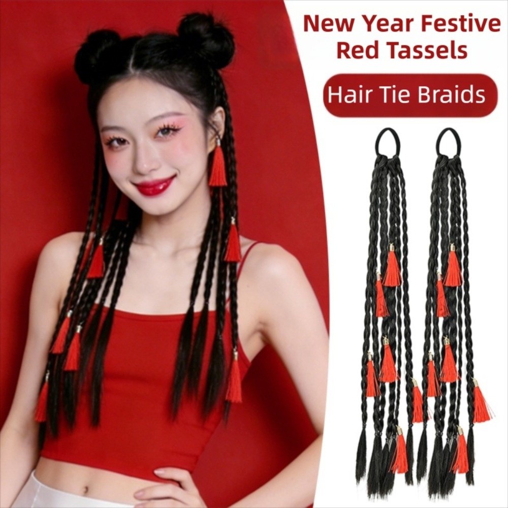 Traditional Ancient Red Tassel Ponytail Hair Bands Hair Ornament Ponytail Hairpiece New Year Headwear Rubber Bands Natural Chinese Style Wig Ponytail Daily