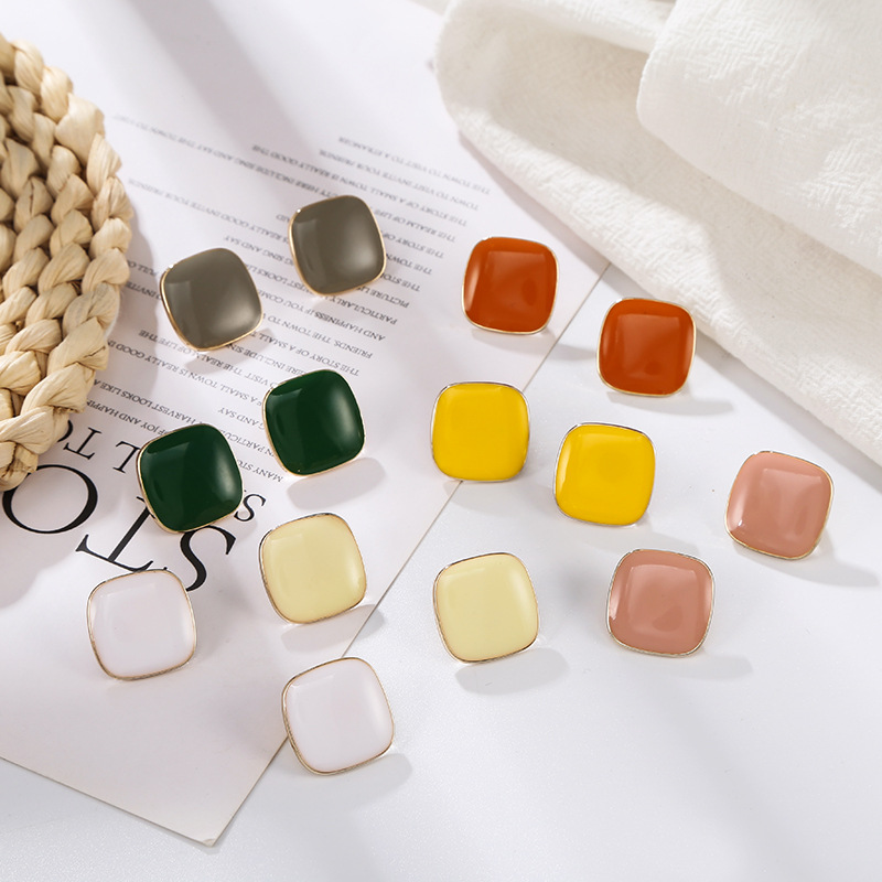 【Quality certifications】925 Silver Pin Color Geometric Oil Dropping Square Earrings Simple Fashion Elegant Color Earrings