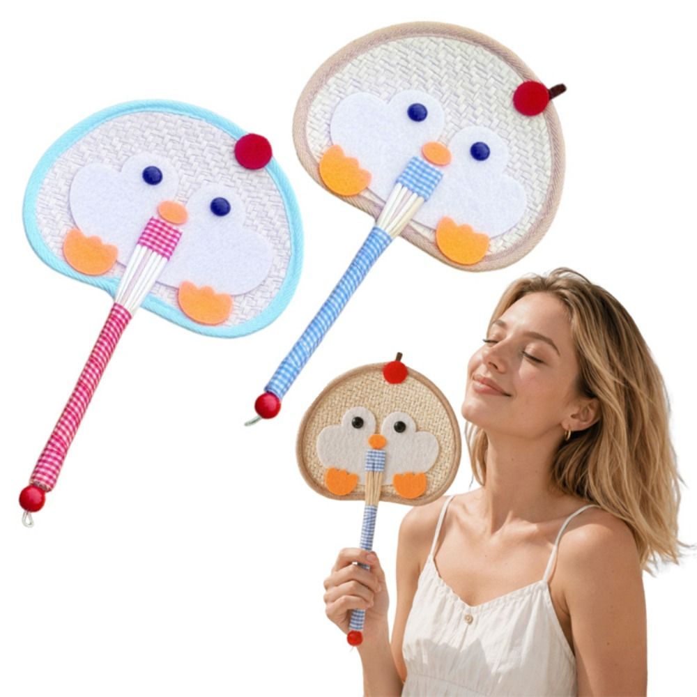 Compact Penguin Hand-Woven Fan Cute Cartoon Cattail Fan Lightweight Portable Hand Cranked Fan School/Office
