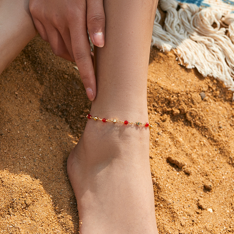 【Top Picks】2022 spring new jewelry copper plated 18K gold with red glass stone women's anklet adjustable