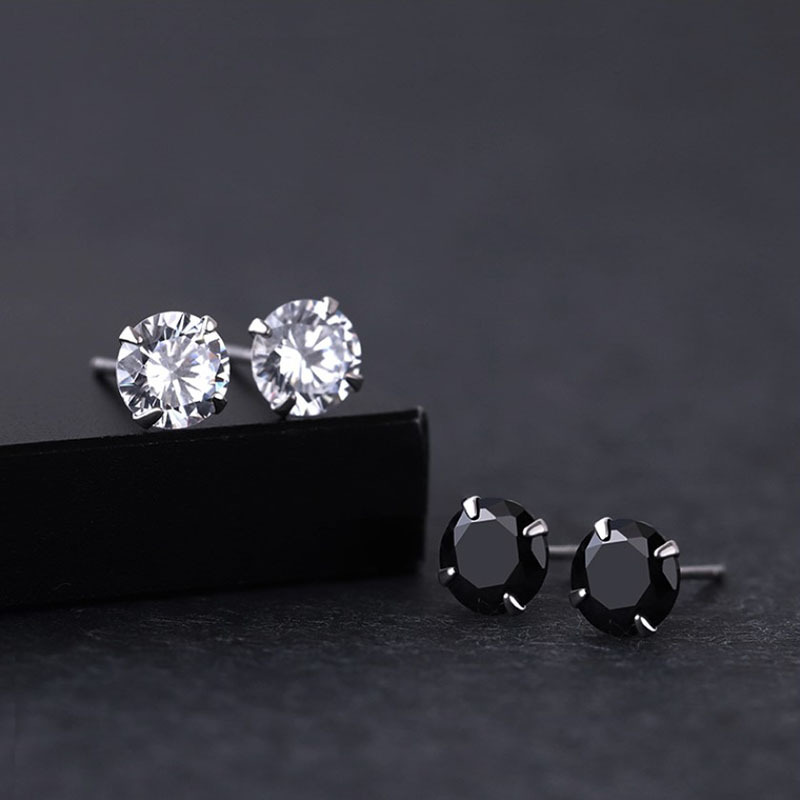 【Year-End Sale】S925 Claw Zircon Earrings Men's Korean Black and White Single Earrings Super Flash Ear Holes Small Earrings