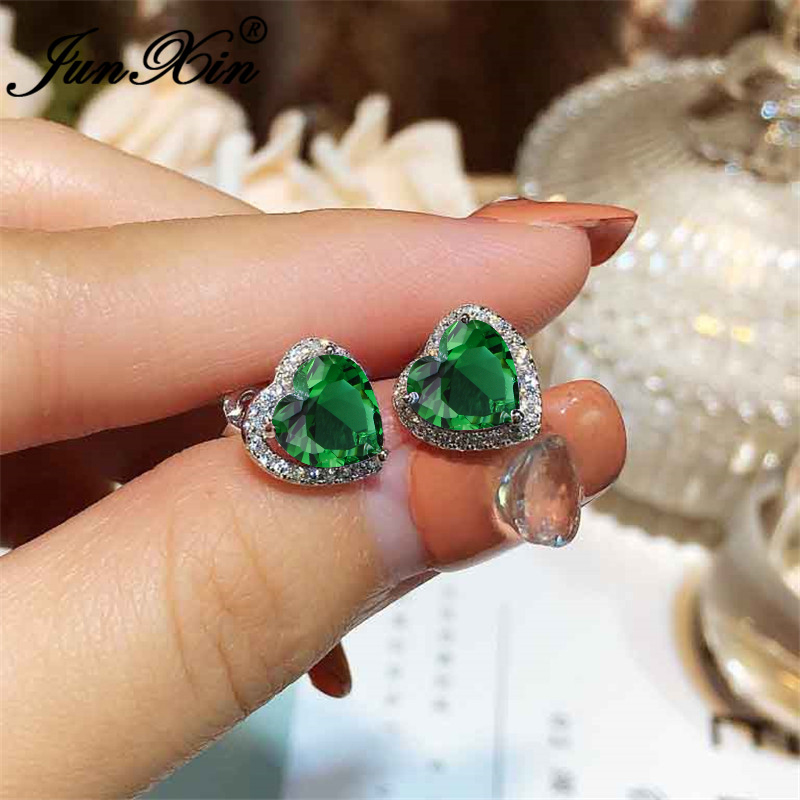 【Hongtai Store】JUNXIN Cute Heart Stud Earrings For Wo White Gold Filled Brilliant White Austrian Crystal Wedding Studs