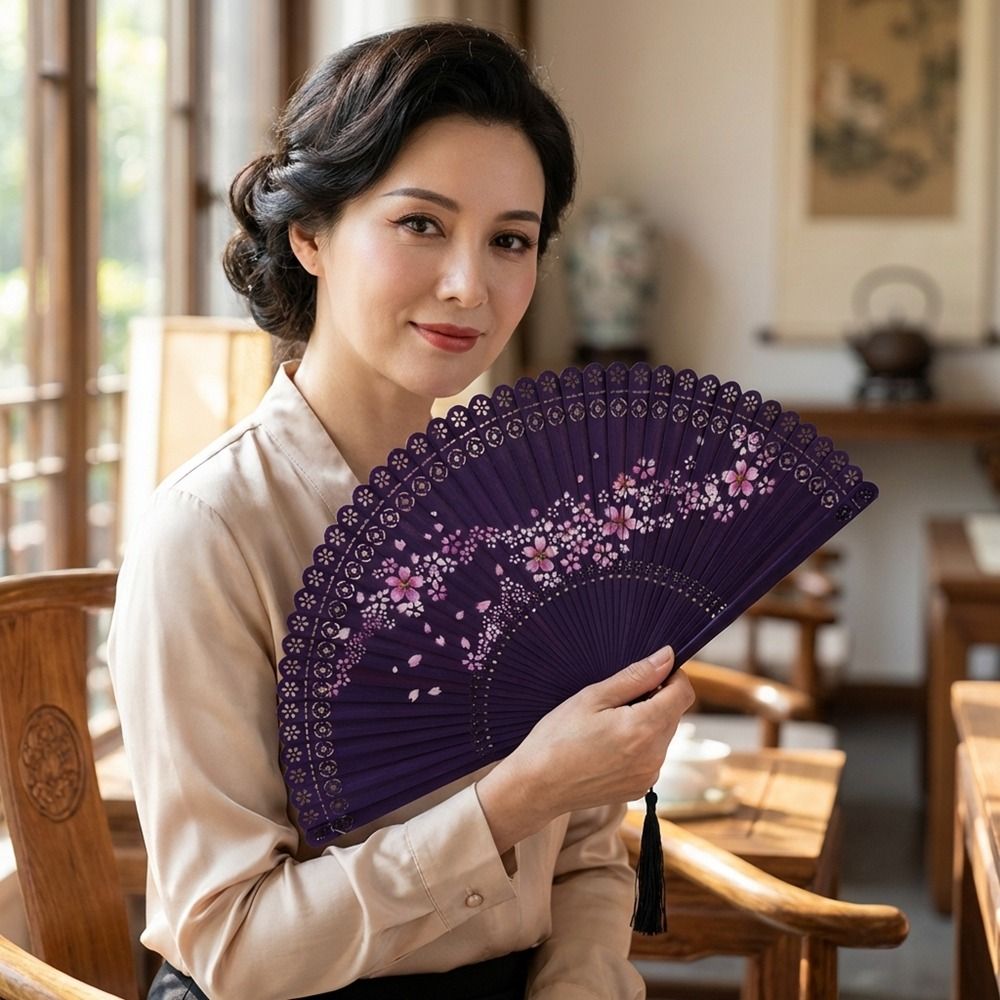 Costume Accessory Vintage Carved Hollowed-Out Fan with Tassel Classical Bamboo Folding Fan Chinese Style Flower Pattern Dance Fan Art Display