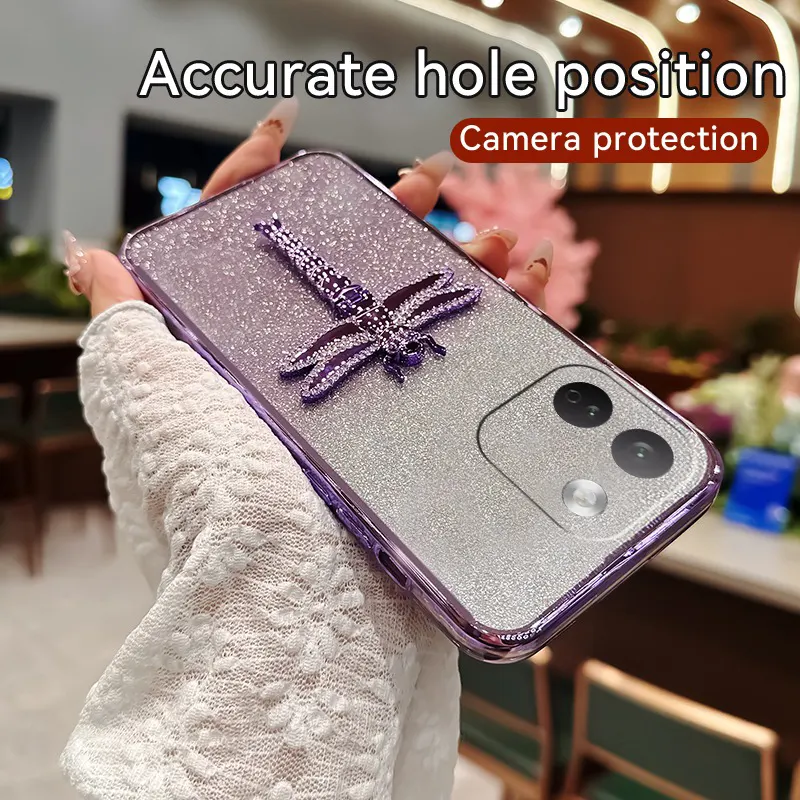 New Phone case Redmi Note17 Pro Back cover with Gradient 3D dragonfly Stand Bracket Luxury Slim Plating Glitter Girls for Xiaomi Redmi Note 17 Pro Max case