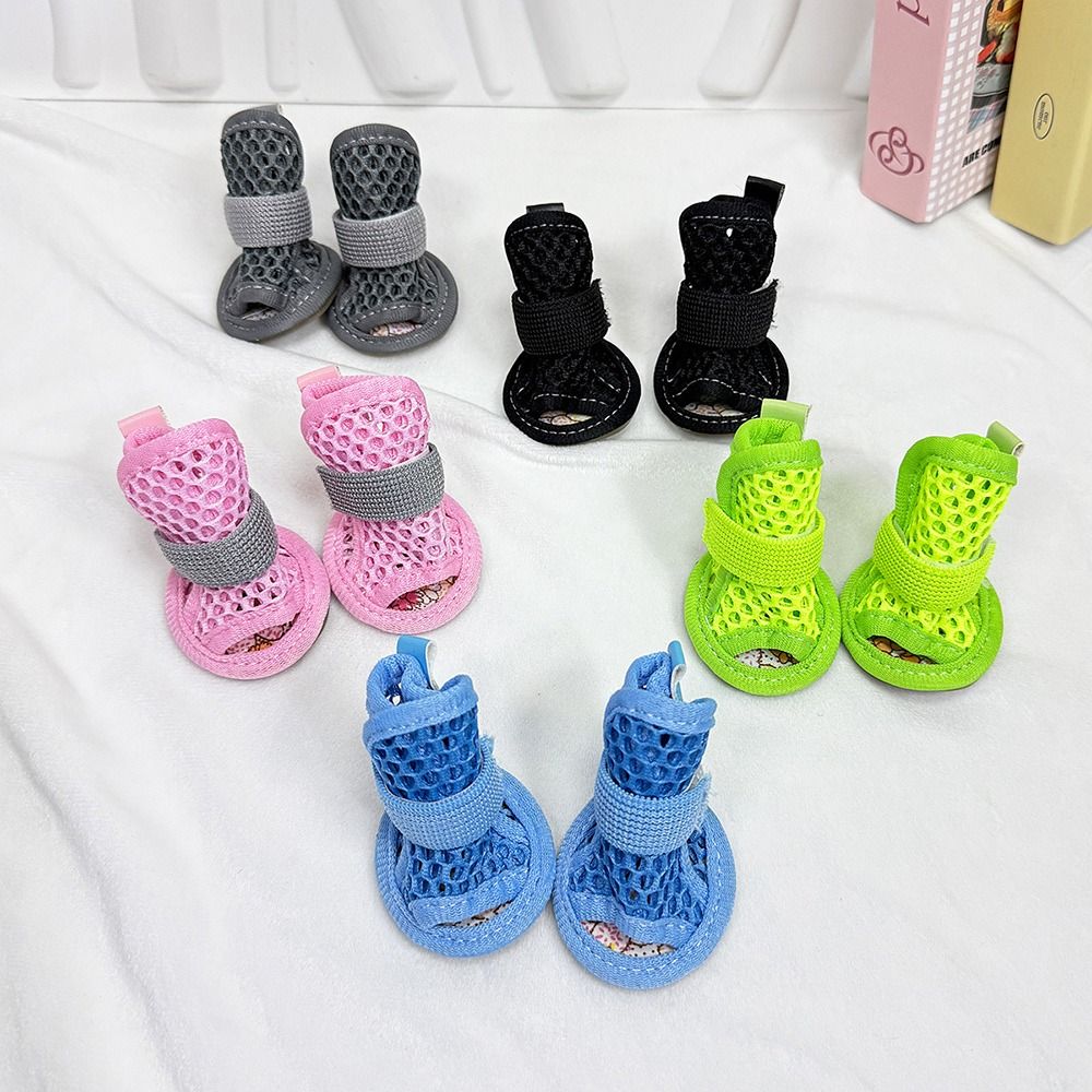 4Pcs Portable Mesh Dog Shoes Non-slip Soft-sole Cooling Dog Boots Wear-resistant Breathable Pet Sandals Summer