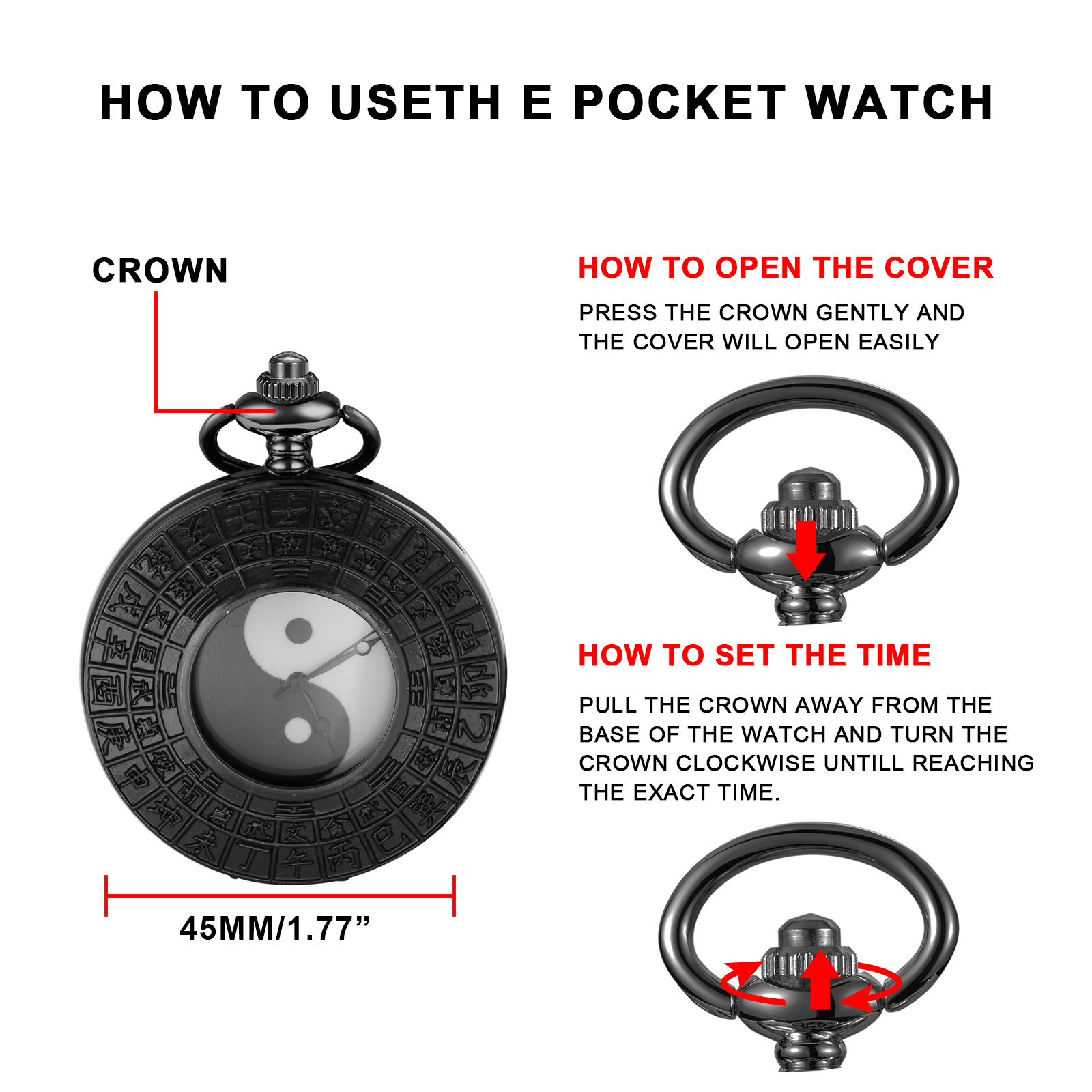 Wenefang Fashion New Black White Text Quartz Pocket Watch Men's High Quality Necklace Timing Pendant Women's Jewelry Accessories Gift Cf1564