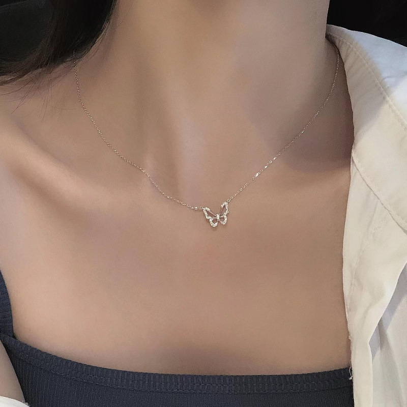 quality】Pink Butterfly Necklace Women's Light Luxury Niche Design Sense Collarbone Niche All-match