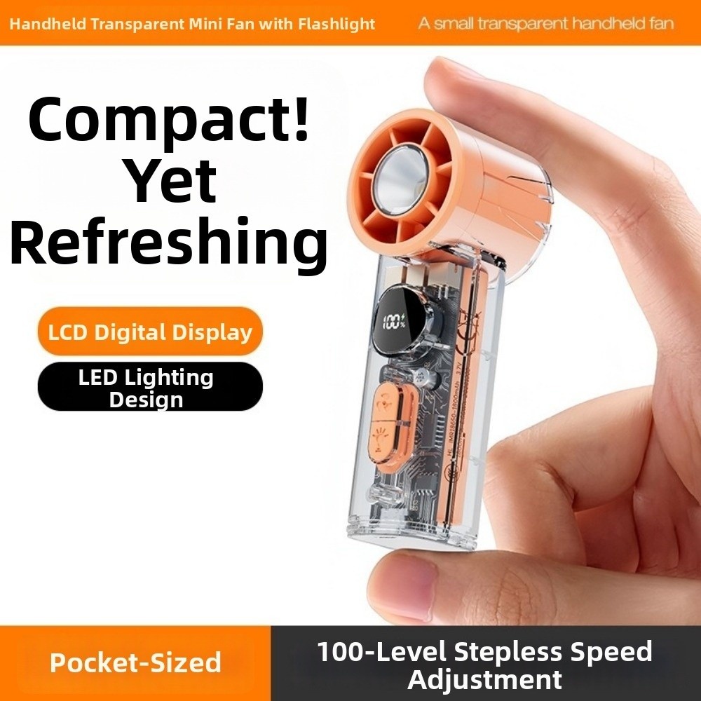 Portable 100 Gears Mini Pocket Turbo Fan Transparent Body Rechargeable Handheld Fan with LED Light Adjustable Speeds Neck Hanging Small Fan Travel