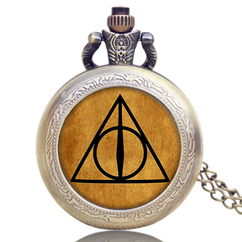 【New arrival】Hot Bronze Steampunk Luna Triangle the Deathly Hallows Quartz Pocket Watch Men Women Boys Necklace Pendant Relogios Gifts