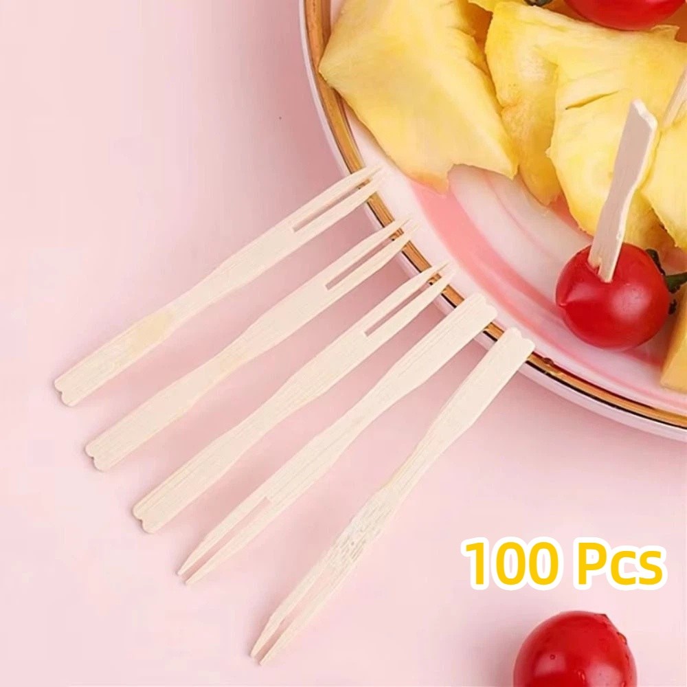 100Pcs Buffet Service Bamboo Appetizer Forks Disposable Small Picks Dessert Forks Mini Size Individually Wrapped Restaurant Tableware Wedding Events