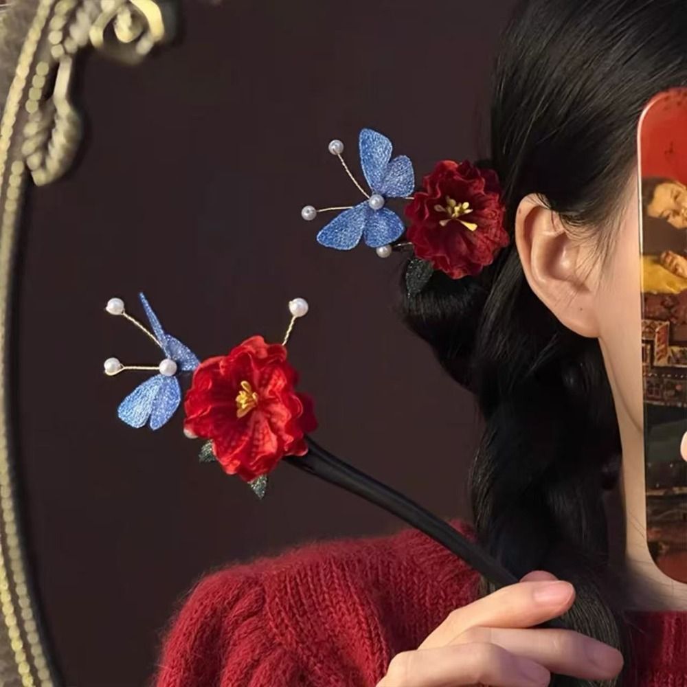 Classical Tassel Red Flower Hair Clip New Chinese Style Wooden Hair Stick Antique Retro Bridal Hair Accessories For Girl