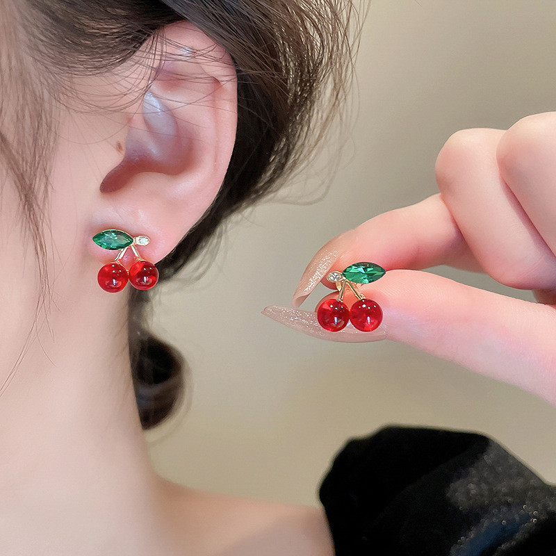 Exquisite Sweet Cute Cherry Earrings Red Crystal Leaves Chic Trendy Accessories New Girl Gifts