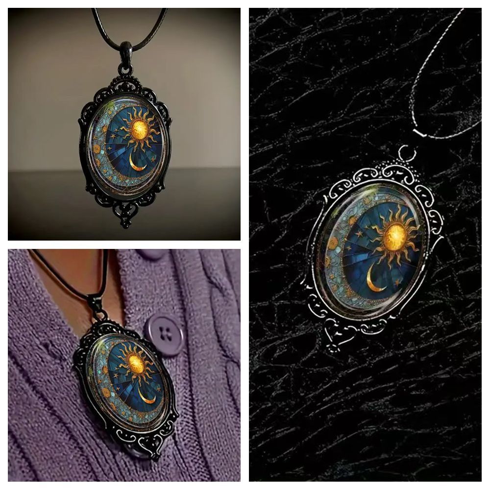 New Vintage Gothic Glass Pendant Necklace Sun Moon Style Flower Pattern Charm Necklace Halloween Necklace Jewelry Accessories