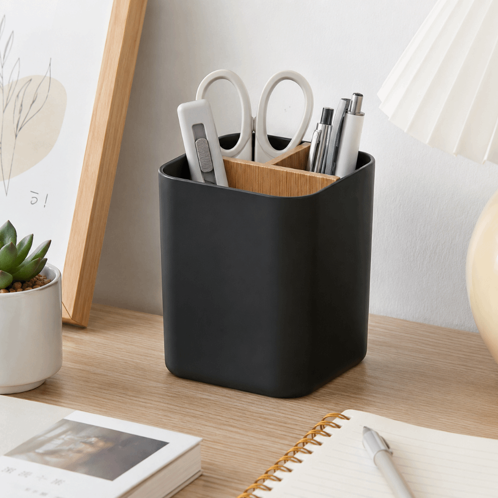 Durable Bamboo Divided Pencil Storage Box Plastic Large Capacity Flower Vase Organizer Desktop Storage School