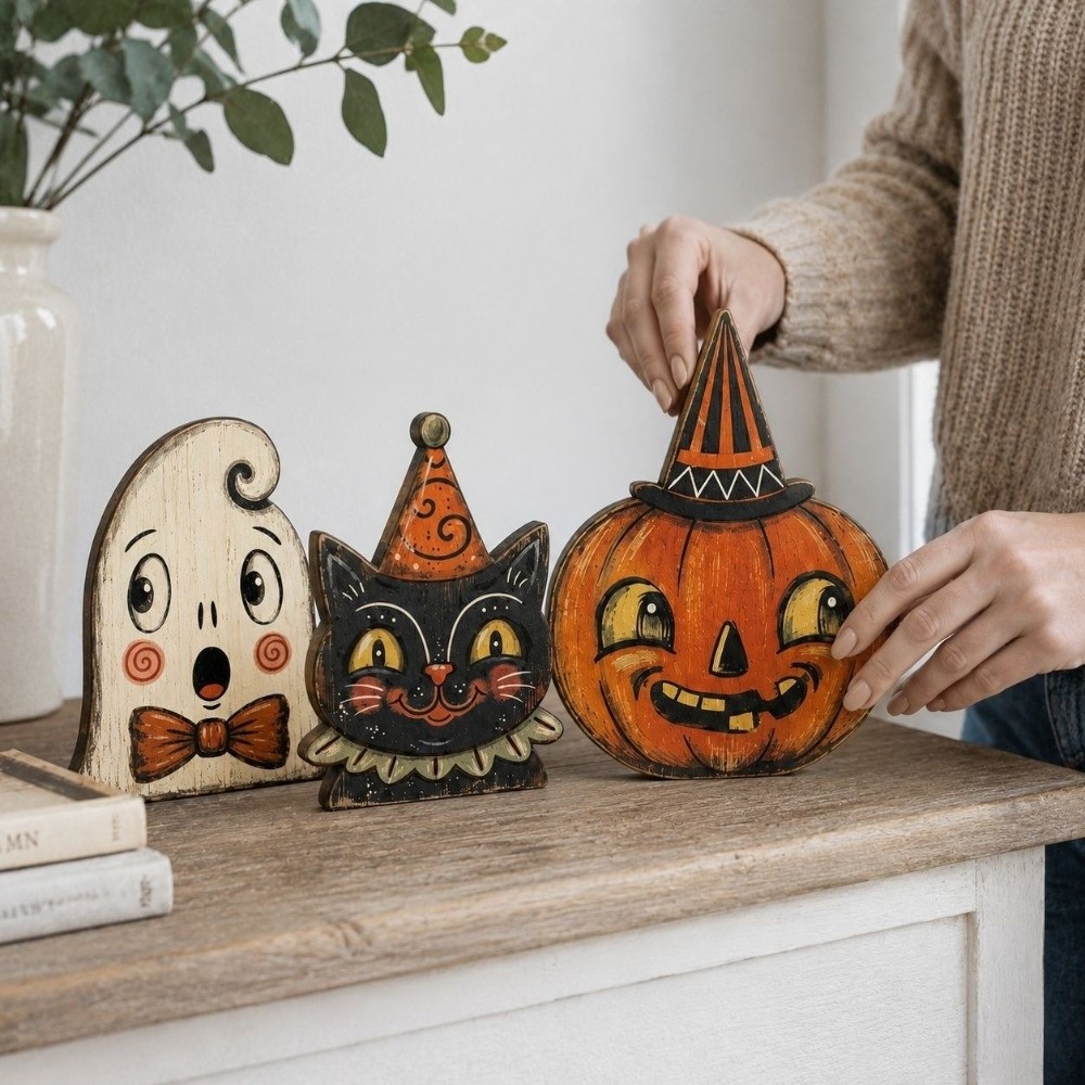 Creative Cartoon Halloween Wooden Tabletop Sign Double Sided Pattern Hand Painted Vintage Bat Black Cat Figurines Farmhouse Style Integrated Home Table Wood Sign Tabletop Display