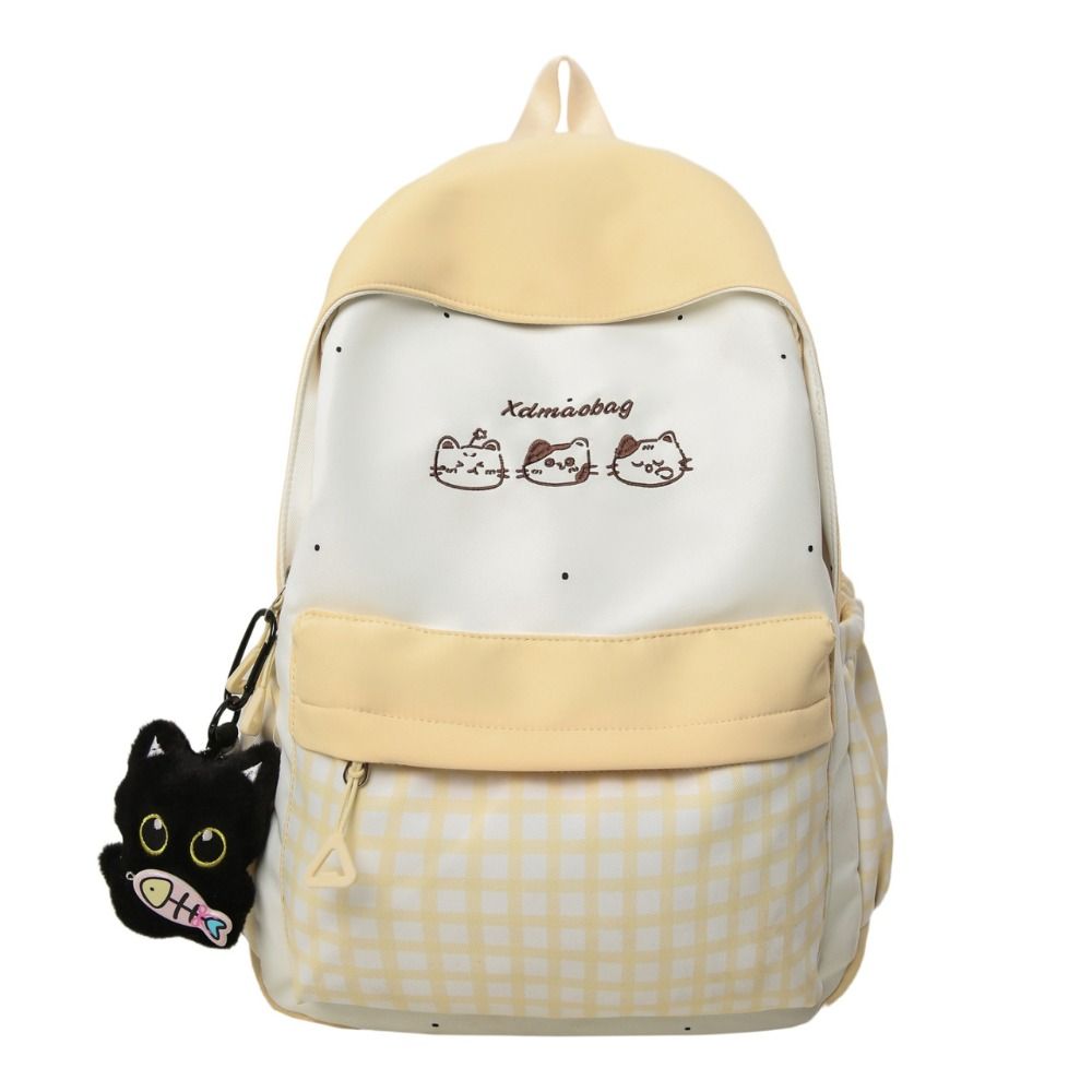 New Cat Checkered Pattern Women Backpack Nylon Portable Schoolbag Large Capacity Casual Bookbag School Use