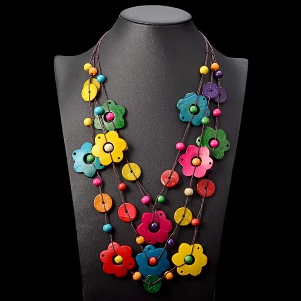 Retro Bohemian Maxi Necklace Wood Pendant Long Statement Choker Multi Layer Handmade Flower Necklace Collar