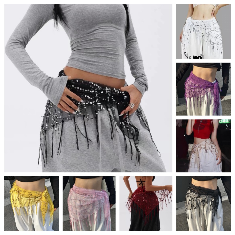 Adjustable Jeans Decor Jazz Dance Hip Scarf Hip-hop Shirt Extender Tassels Belt Y2K Triangular Scarf Sequin Waistband Streetwear