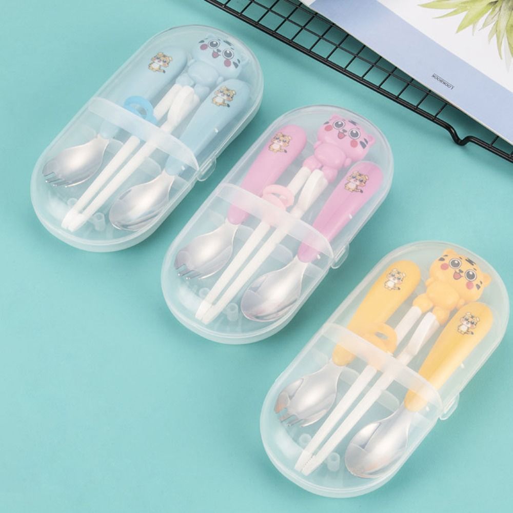 Portable Non-Slip Grip Child Tableware Set 304 Stainless Steel Ergonomic Training Chopsticks Cartoon Educational Toddler Tableware Preschool