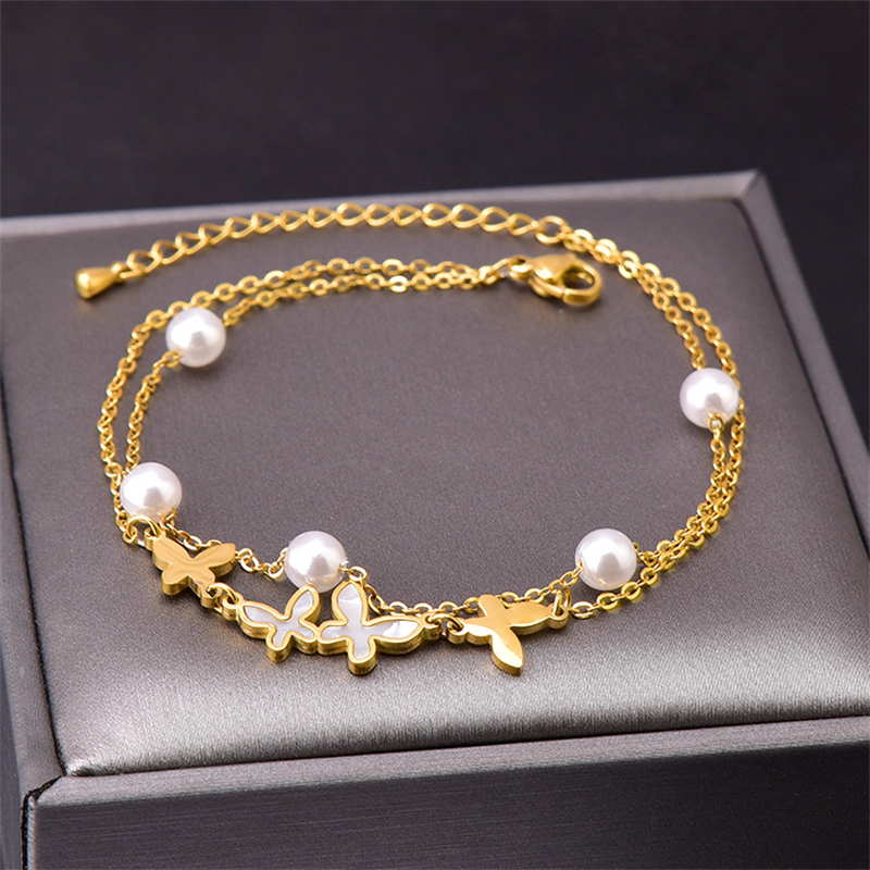 Yuanyan 316L Stainless Steel New Fashion Jewelry 2-layer Embed Natural Seashells Many Butterflie Pearl Charms Chain Anklets For Women