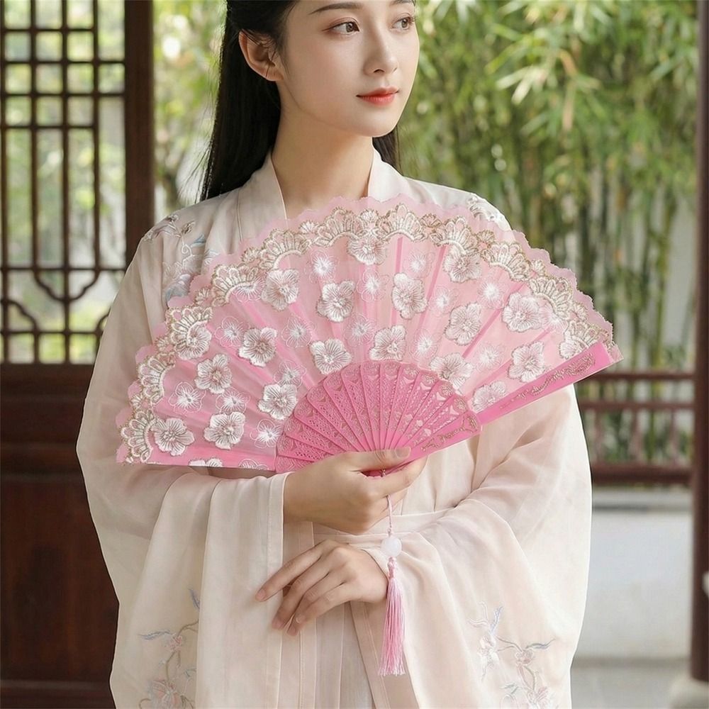 Hanfu Fan Flower Pattern Chinese Folding Fan Vintage Traditional Dance Fan with Tassel Portable Handheld Fan Gifts