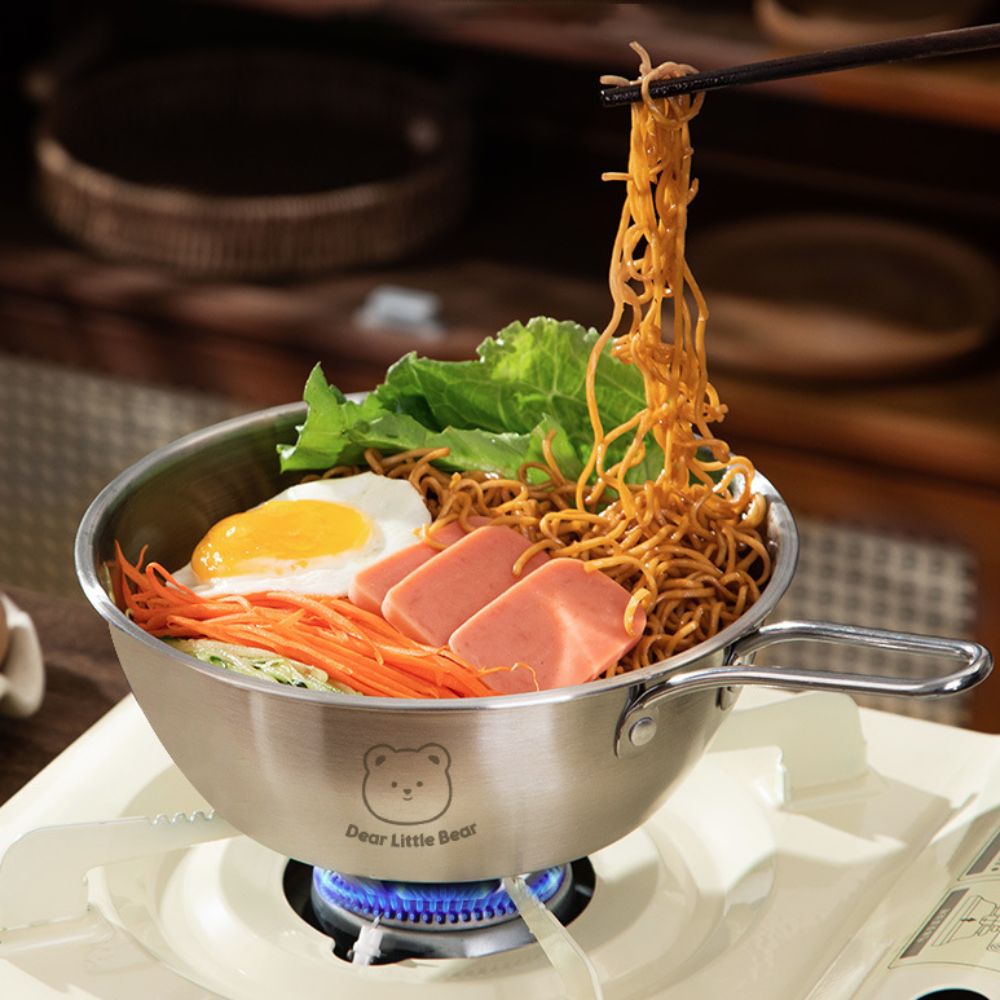 Kitchen Tableware Bear Pattern Noodle Bowl Doubel/Single Handle 304 Stainless Steel Salad Bowl Shockproof Seafood Rice Pot Picnic