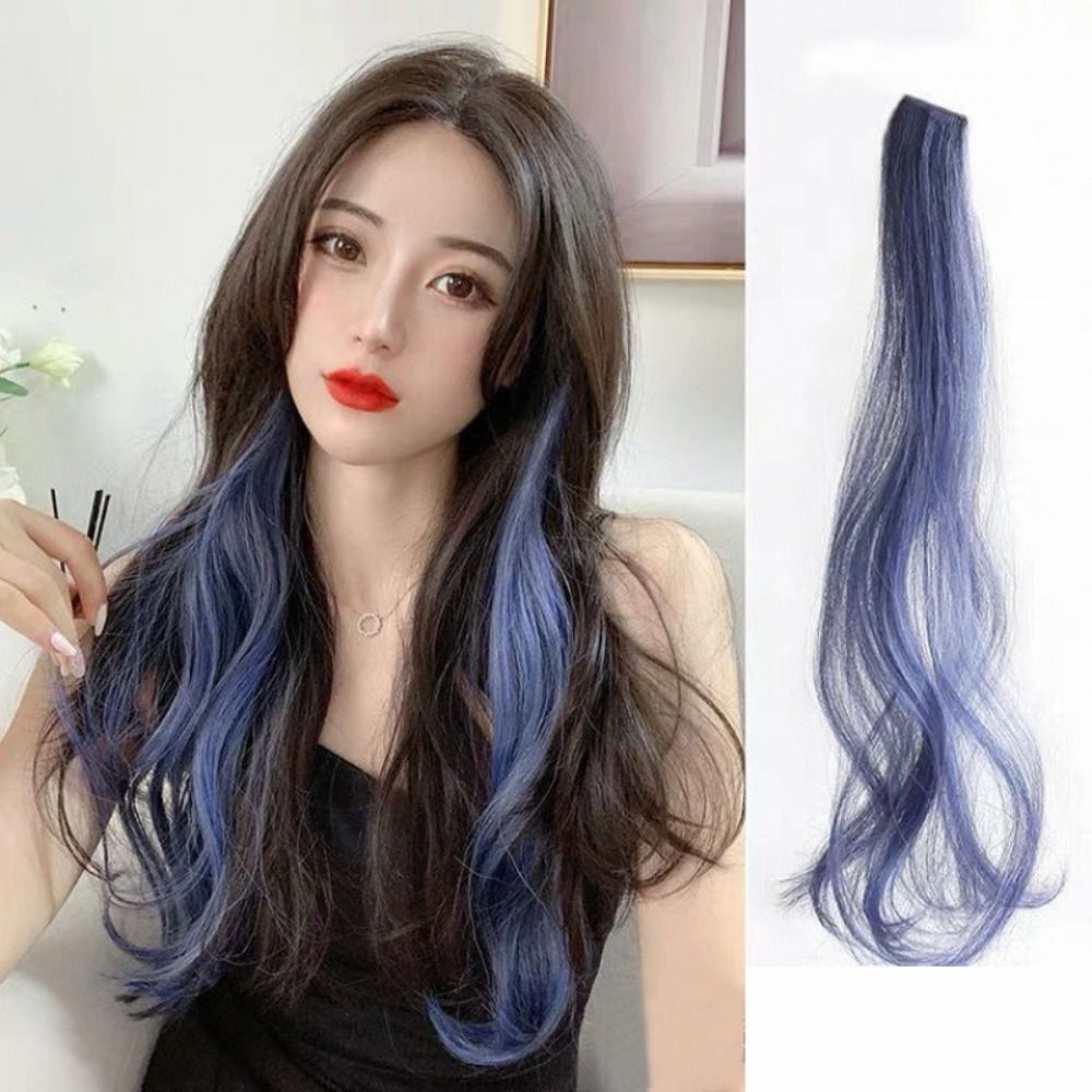 Blue Daily High quality Rainbow Pair Clip In Hair Accessories Natural Seamless Women Long Wavy Wig Hanging Ear-dye Wig Colorful Hair Piece Hair Extension Tools